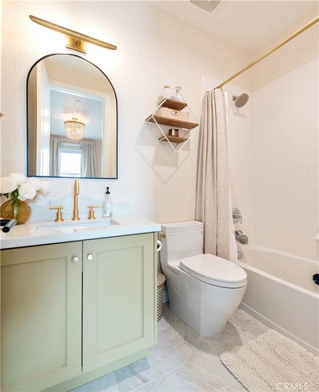 13 Goldenrod, Lake Forest, CA 92630 - bathroom featuring toilet, vanity, shower / bath combo, and marble look tile flooring