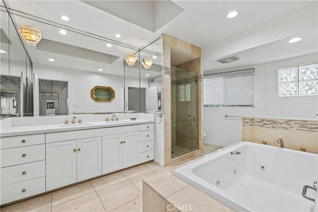 4250 Louise Ave, Encino, CA 91316 - full bathroom with a whirlpool tub, a sink, double vanity, and a shower stall