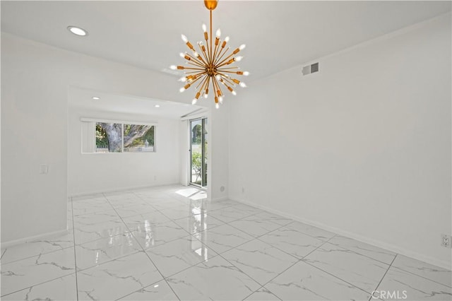 4250 Louise Ave, Encino, CA 91316 - unfurnished room with baseboards, visible vents, an inviting chandelier, and marble finish floor