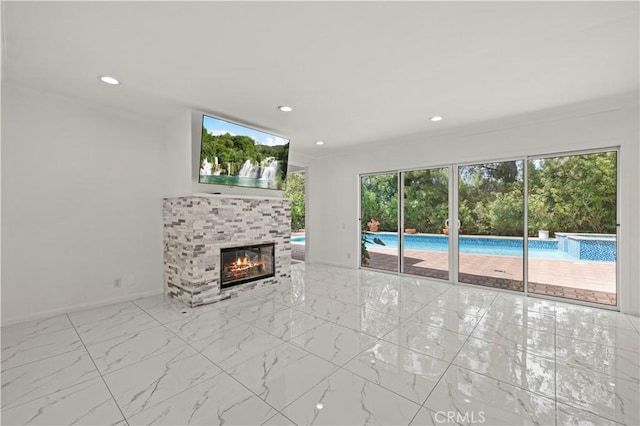 4250 Louise Ave, Encino, CA 91316 - unfurnished living room featuring baseboards, recessed lighting, and a glass covered fireplace