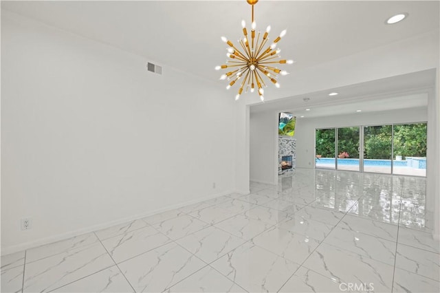 4250 Louise Ave, Encino, CA 91316 - empty room with a chandelier, baseboards, visible vents, and marble finish floor