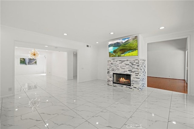 4250 Louise Ave, Encino, CA 91316 - unfurnished living room featuring visible vents, ornamental molding, recessed lighting, and a fireplace