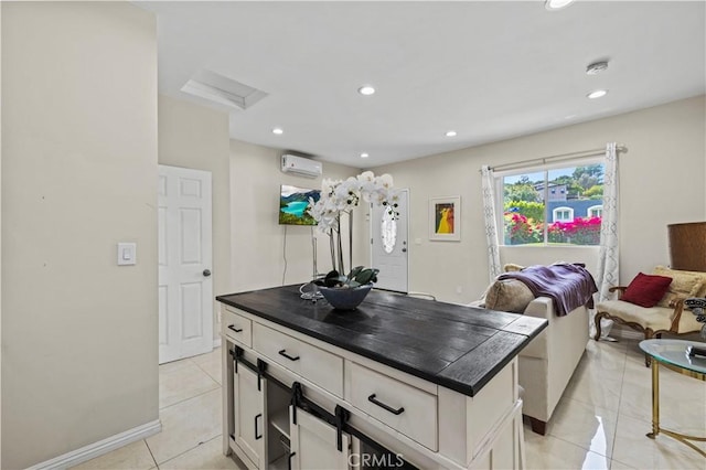 4250 Louise Ave, Encino, CA 91316 - kitchen with light tile patterned flooring, dark countertops, recessed lighting, open floor plan, and a wall mounted AC