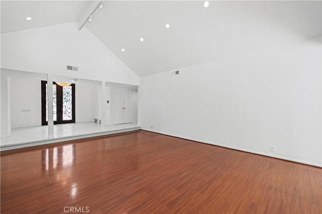 4250 Louise Ave, Encino, CA 91316 - unfurnished room featuring visible vents, wood finished floors, beam ceiling, high vaulted ceiling, and rail lighting