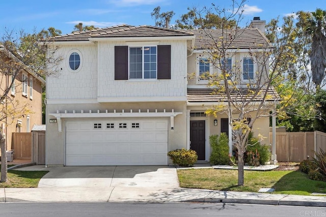 750 Arbor Glen Ln, Vista, CA 92081 - view of front facade featuring fence, a chimney, an attached garage, driveway, and a tile roof