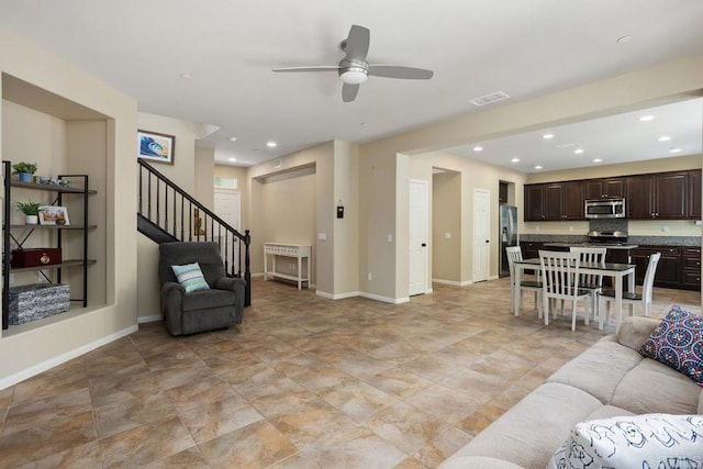 750 Arbor Glen Ln, Vista, CA 92081 - living area with stairs, a ceiling fan, baseboards, recessed lighting, and visible vents