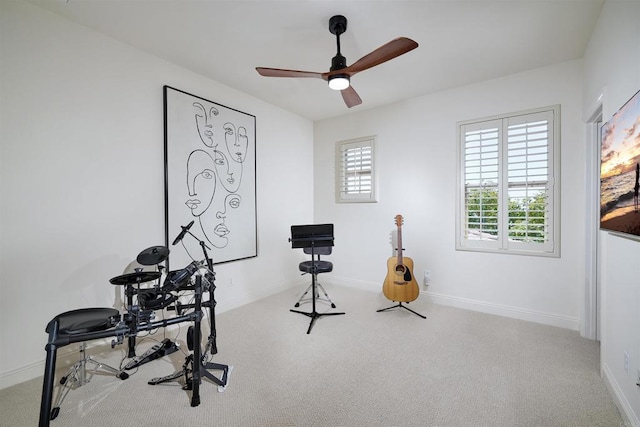 6981 Corte Langosta, Carlsbad, CA 92009 - workout room featuring carpet floors, a ceiling fan, and baseboards