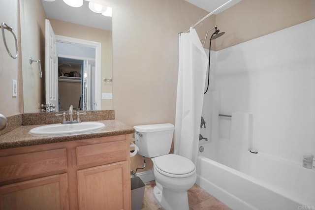 full bathroom featuring toilet, shower / bathtub combination with curtain, and vanity