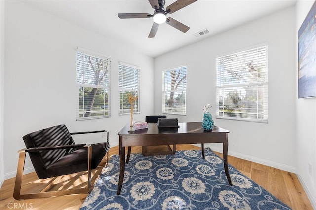 6410 Eucalyptus Ave, Chino, CA 91710 - office featuring a ceiling fan, baseboards, visible vents, and wood finished floors