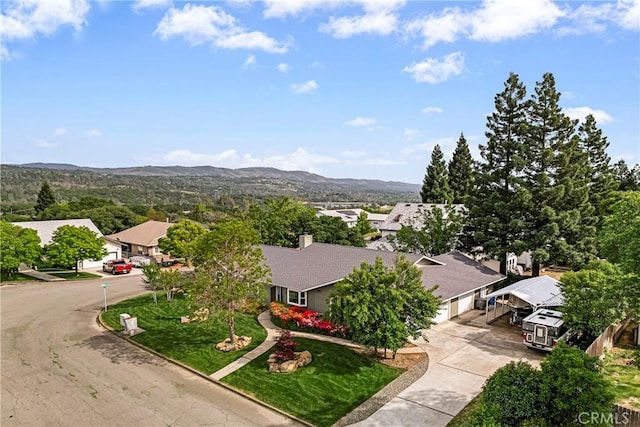 bird's eye view featuring a mountain view and a residential view