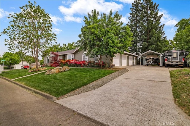 ranch-style house with a garage, a carport, driveway, and a front lawn