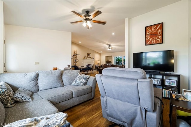 living room with a ceiling fan, recessed lighting, wood finished floors, and vaulted ceiling