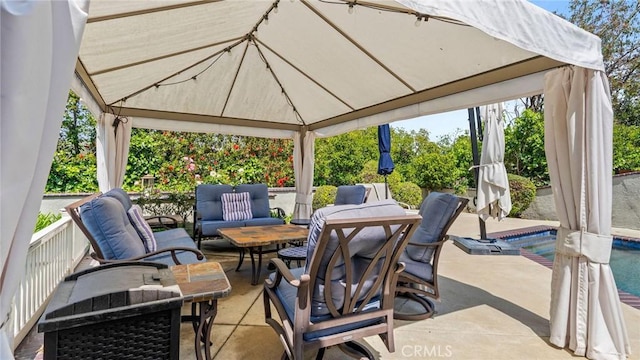 12782 Periwinkle Dr, North Tustin, CA 92705 - view of patio with a gazebo, an outdoor hangout area, outdoor dining area, and an outdoor pool
