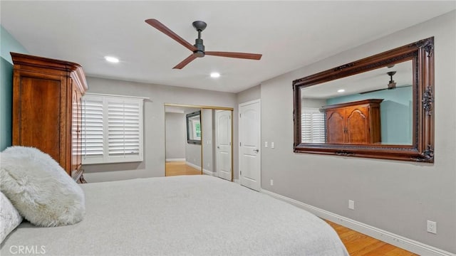 12782 Periwinkle Dr, North Tustin, CA 92705 - bedroom featuring light wood-style floors, baseboards, recessed lighting, and ceiling fan