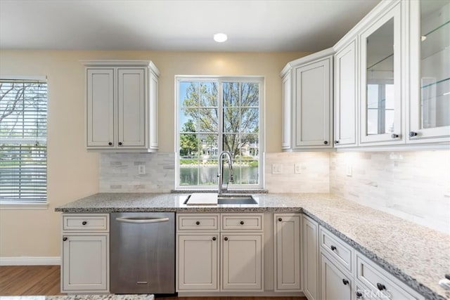 27020 Island Rd, Valencia, CA 91355 - kitchen featuring dishwasher, light stone countertops, and decorative backsplash