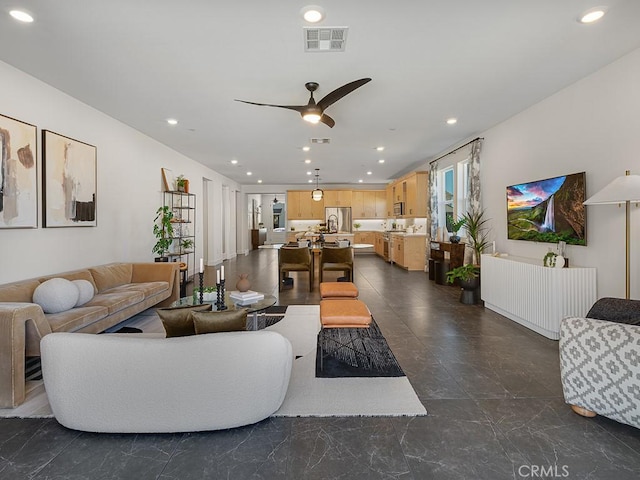 living room featuring visible vents, recessed lighting, and ceiling fan