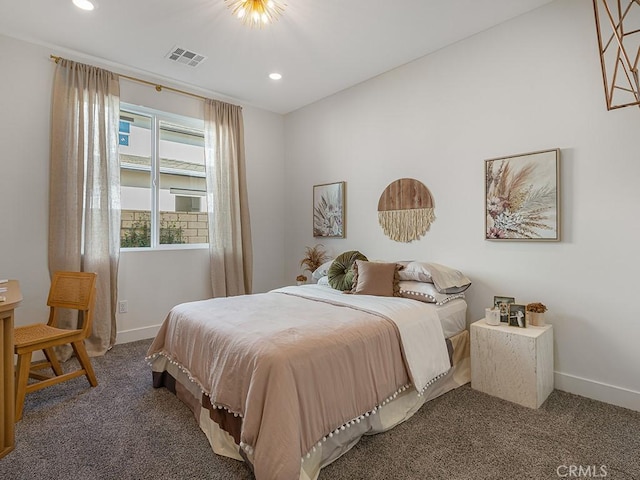 bedroom with carpet flooring, recessed lighting, baseboards, and visible vents