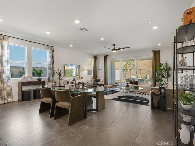 dining space with visible vents, recessed lighting, and a ceiling fan