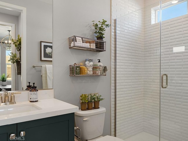 bathroom with vanity, a shower stall, and toilet