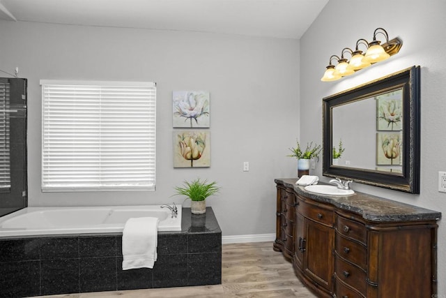 bathroom featuring vanity, a bath, and wood finished floors