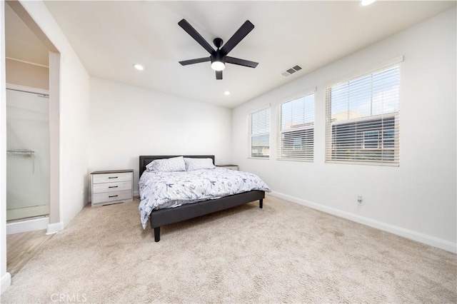 carpeted bedroom with visible vents, recessed lighting, and baseboards