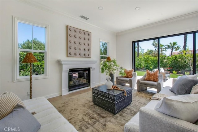 living area featuring a glass covered fireplace, ornamental molding, wood finished floors, and visible vents
