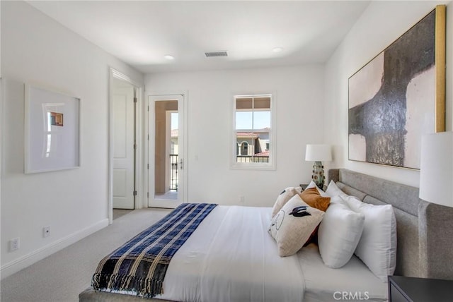 bedroom featuring visible vents, recessed lighting, carpet, and baseboards