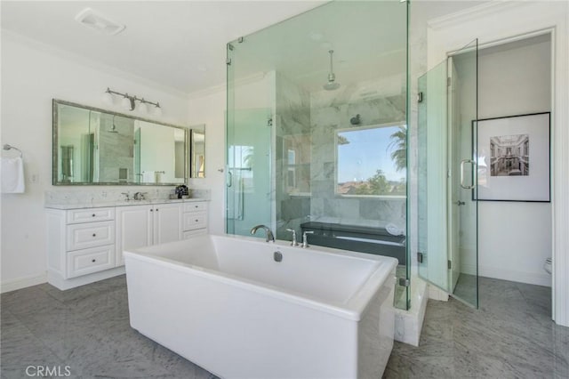 full bath with vanity, ornamental molding, baseboards, a soaking tub, and a shower stall