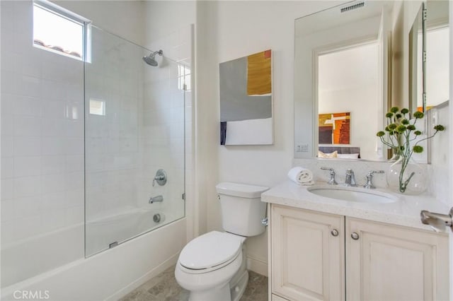 full bathroom featuring toilet, visible vents, bathing tub / shower combination, and vanity