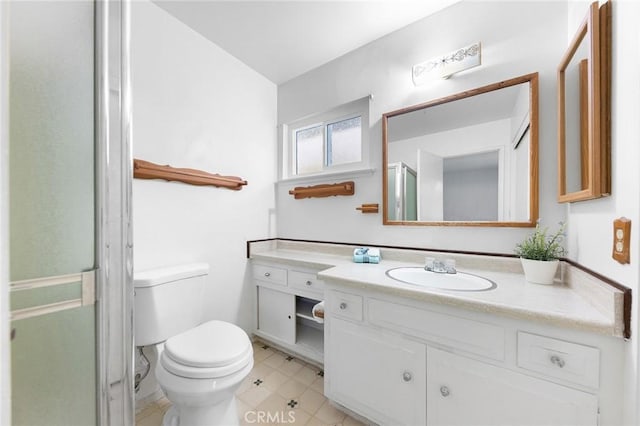 18502 Bellorita St, Rowland Heights, CA 91748 - bathroom with toilet, vanity, a shower with door, and tile patterned flooring