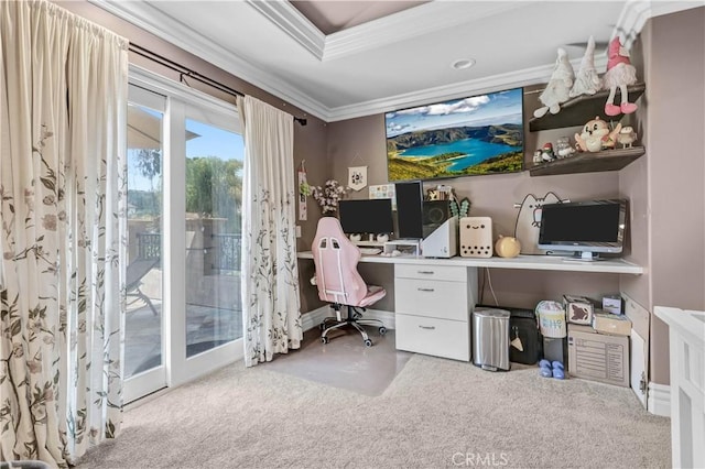 home office featuring crown molding, carpet, and baseboards