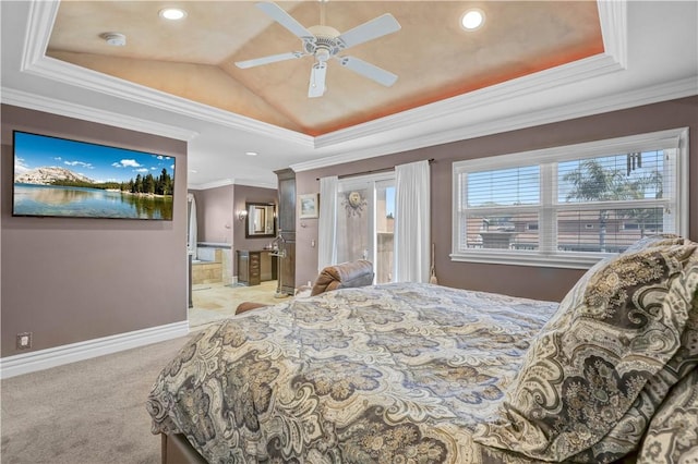 bedroom with crown molding, a tray ceiling, recessed lighting, and light colored carpet