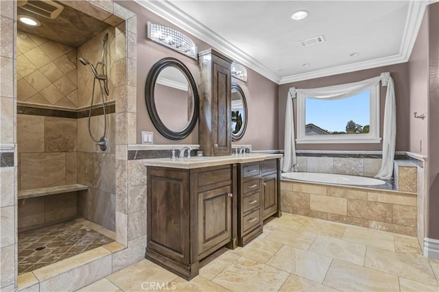 bathroom featuring double vanity, a garden tub, visible vents, a tile shower, and ornamental molding