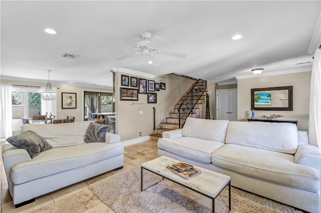 living area featuring visible vents, crown molding, stairway, ceiling fan with notable chandelier, and recessed lighting