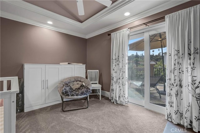 living area with carpet floors, ornamental molding, recessed lighting, and ceiling fan