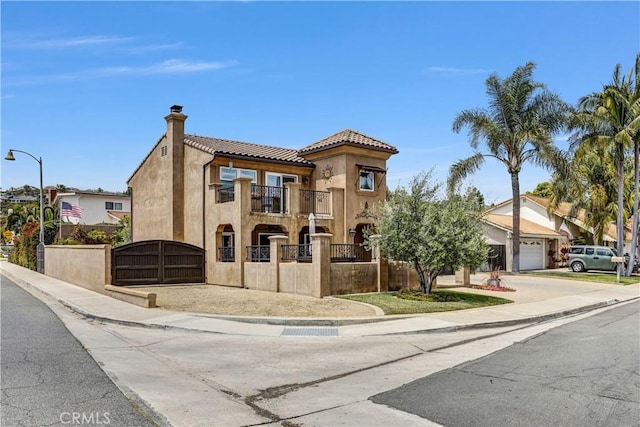 view of front of home with a balcony, stucco siding, a chimney, a tiled roof, and a fenced front yard