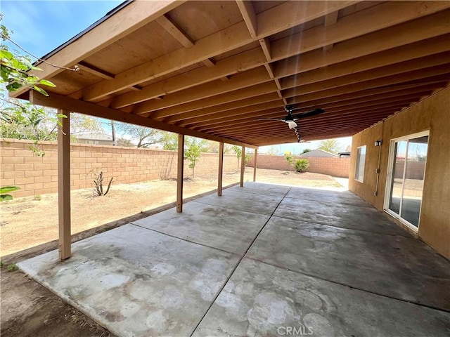 view of patio / terrace featuring a fenced backyard and a ceiling fan