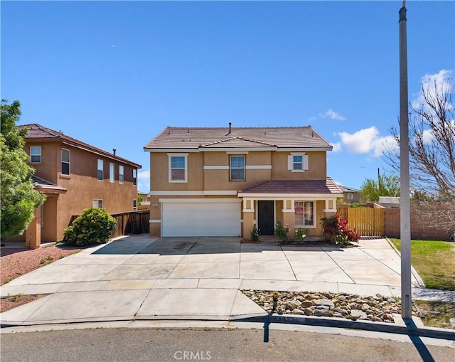 9331 Sapphire Ave, Hesperia, CA 92344 - traditional-style house with stucco siding, a garage, concrete driveway, fence, and a tile roof