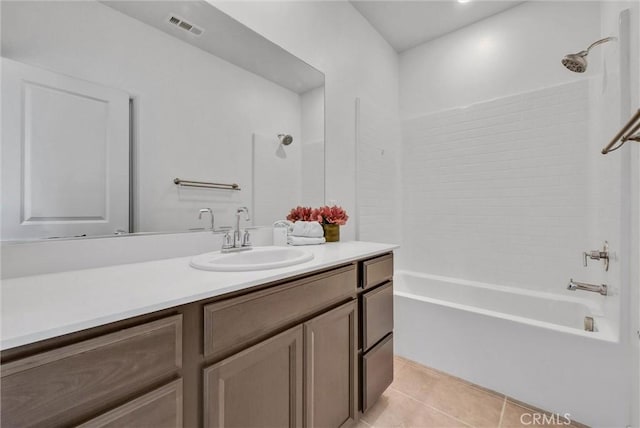 full bath with tile patterned floors, visible vents, shower / bathing tub combination, and vanity