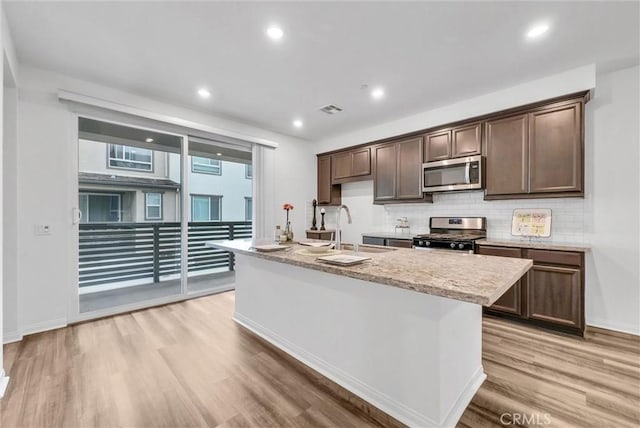 kitchen with visible vents, a sink, light wood-style flooring, appliances with stainless steel finishes, and backsplash