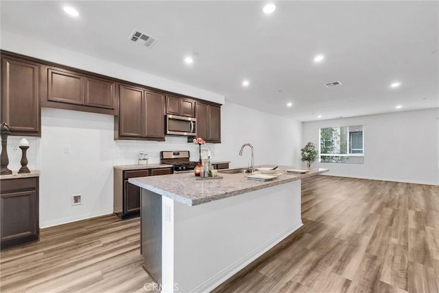 kitchen featuring backsplash, visible vents, appliances with stainless steel finishes, light wood-type flooring, and a sink