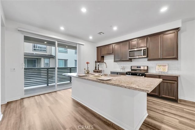 kitchen featuring a sink, light wood finished floors, stainless steel appliances, tasteful backsplash, and visible vents