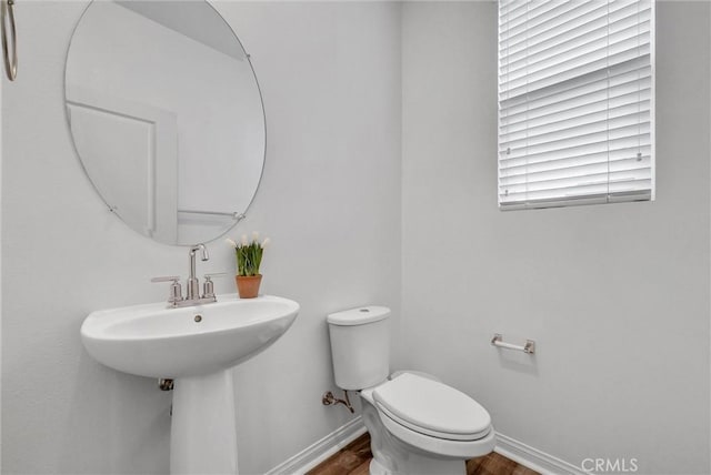 bathroom with baseboards, toilet, and wood finished floors