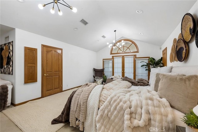 10703 Wheatland Ave, Sunland, CA 91040 - bedroom featuring carpet floors, visible vents, baseboards, a notable chandelier, and vaulted ceiling
