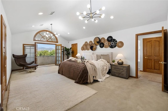 10703 Wheatland Ave, Sunland, CA 91040 - bedroom with access to outside, light colored carpet, visible vents, a chandelier, and vaulted ceiling