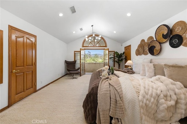 10703 Wheatland Ave, Sunland, CA 91040 - bedroom with light colored carpet, visible vents, recessed lighting, baseboards, and vaulted ceiling