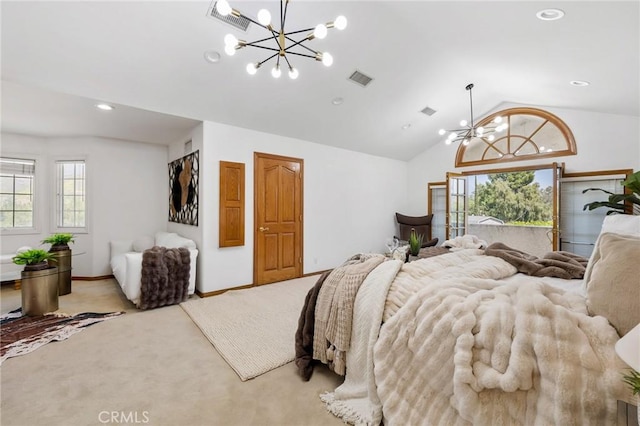 10703 Wheatland Ave, Sunland, CA 91040 - bedroom featuring visible vents, carpet flooring, a chandelier, and vaulted ceiling