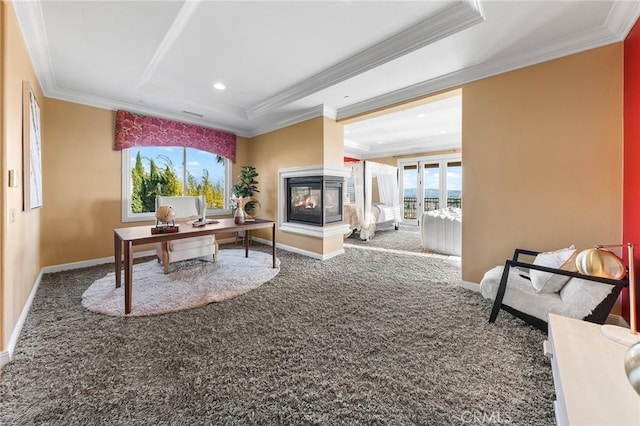 carpeted home office featuring crown molding and baseboards
