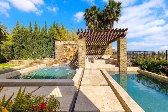view of pool featuring a hot tub, a fenced in pool, a fenced backyard, a patio, and a pergola