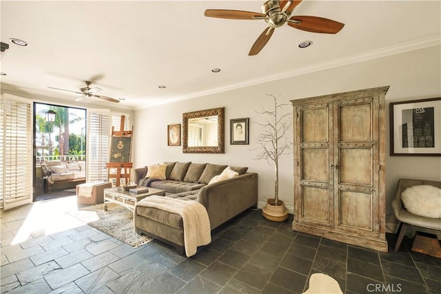living area with crown molding, recessed lighting, baseboards, and ceiling fan